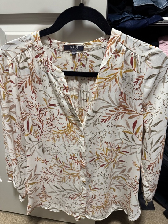 NYDJ Tops - NYDJ Cream Floral Button-Front V-Neck Blouse with Rust & Mustard Accents
